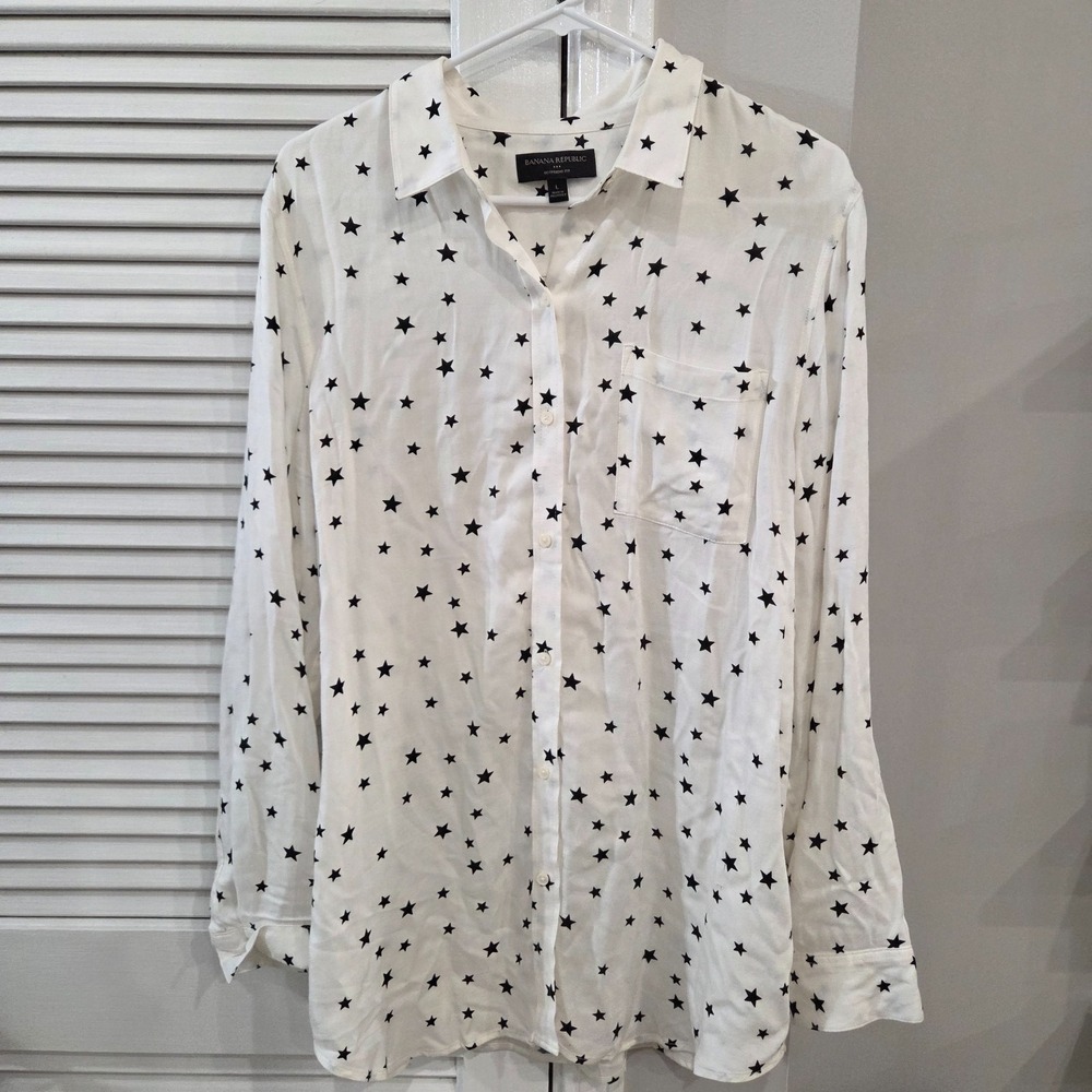 Womens White Banana Republic Button-Down Long-Sleeve Shirt Black Stars Large